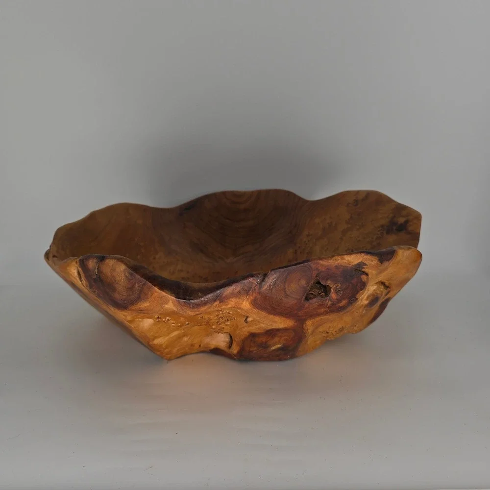 Live Edge Burl Wood Rustic Bowl Handcrafted Organic Turned Wood Art Signed JK